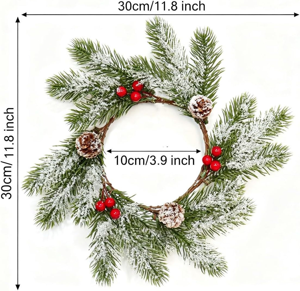 Skiennix Christmas Candle Rings - Frosted Pine Garland with Red Berries | 11 Inch Mini Wreaths for Table Centerpieces