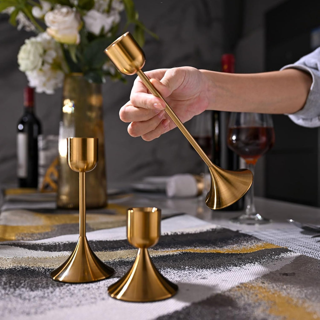 Skiennix Candle Holder - Heavy Base for Elegant Room Décor | Shiny Copper, 3-Piece Set