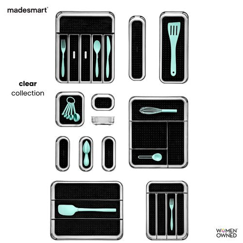madesmart Premium Small Clear Silverware Tray, 5 Compartment Flatware Organizer for Forks, Knives & Spoons, Non Slip Base, Carbon