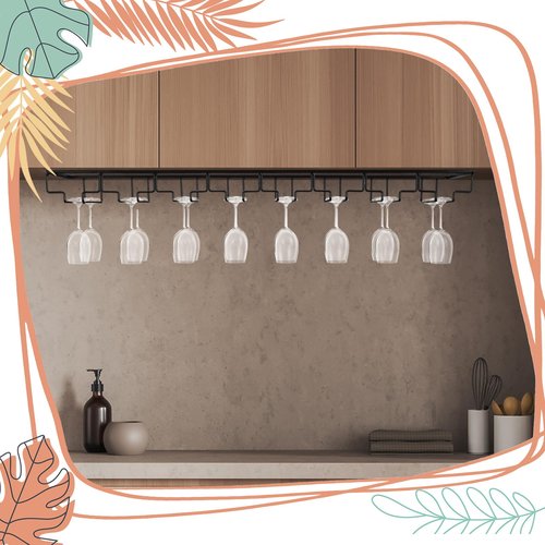 Kritkin 8 Row Wine Glass Rack Under Cabinet Holds up to 16-24 Glasses Under Cabinet Stemware Wine Glass Holder Extreme Large Hanger Hanging Wine Glass Holder for Cabinet Kitchen Bar Counter Black