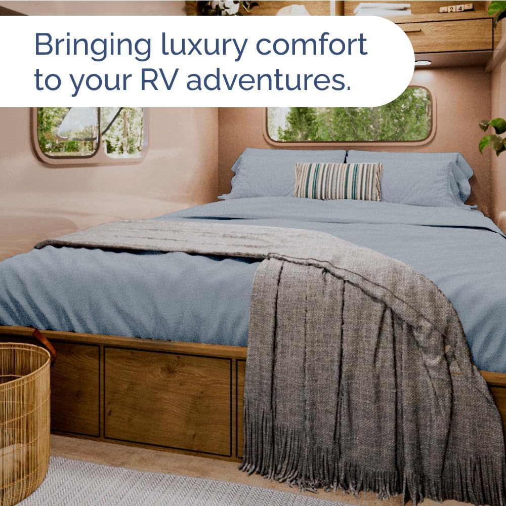 RV Short Queen Sheet Set - 4-Piece Soft, Breathable & Cooling Bedding | Fits 8” to 12” Mattresses - Heathered Blue