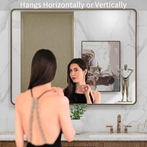 LOAAO Bronze Bathroom Mirror - 40”X30” Rounded Rectangle with Anti-Rust Brushed Frame | Versatile Hanging Options