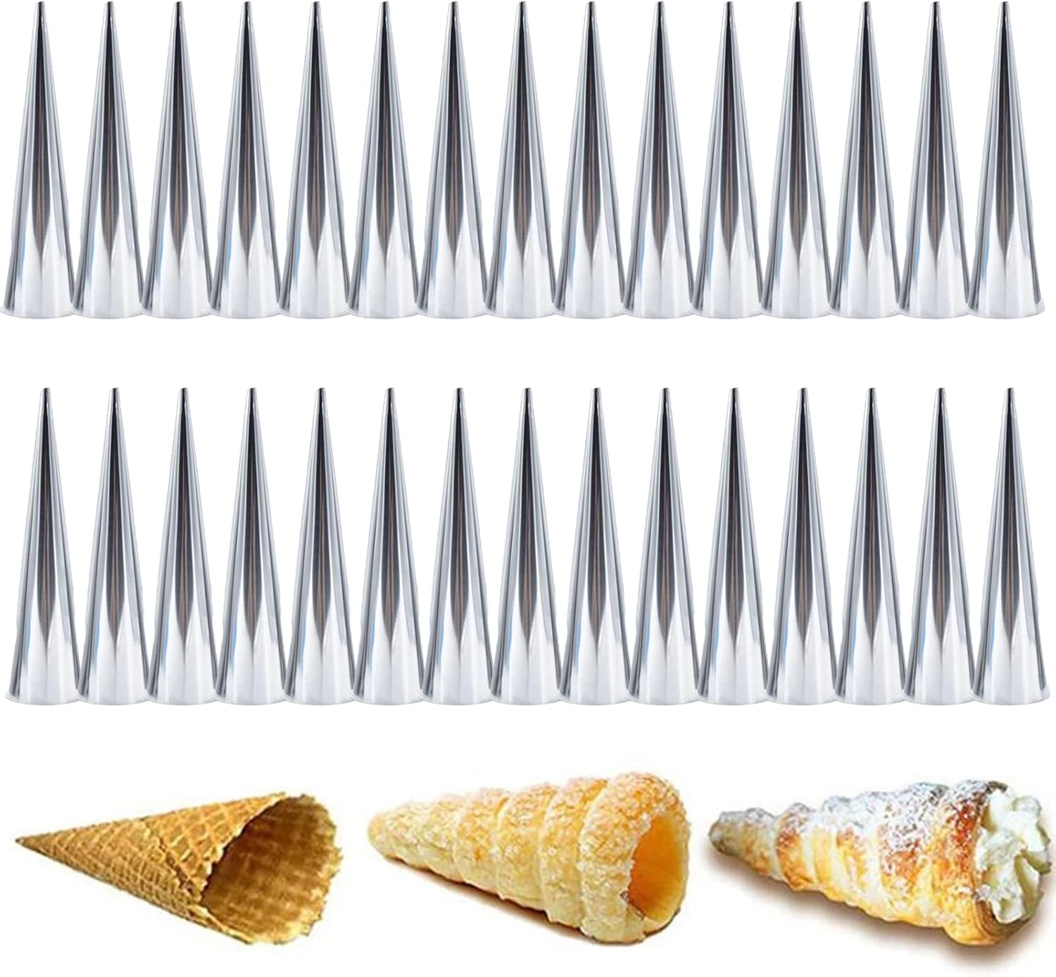 Skiennix 30 PCS Non-Stick Stainless Steel Cream Horn Molds - Large 5" for DIY Pastries & Desserts