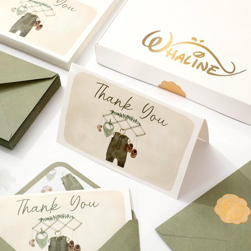 Whaline 50 Pack Baby Shower Thank You Cards Boxed Vintage Green Cloth Note Cards with Envelopes Stickers Greeting Blank Cards for Birthday Baby Shower