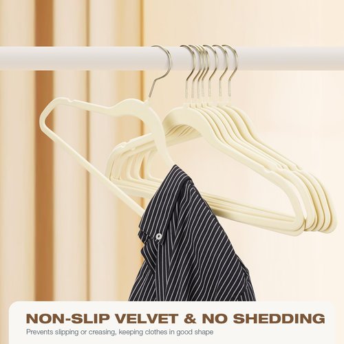 Uinicor 50 Pack Beige Velvet Hangers,Non Slip,Heavy-Duty,Slim,Space Saving,with Felt Surface and Gold 360°Swivel Hook,for Pants,Outfit,Skirts,Suits,Coats,Dresses ect.