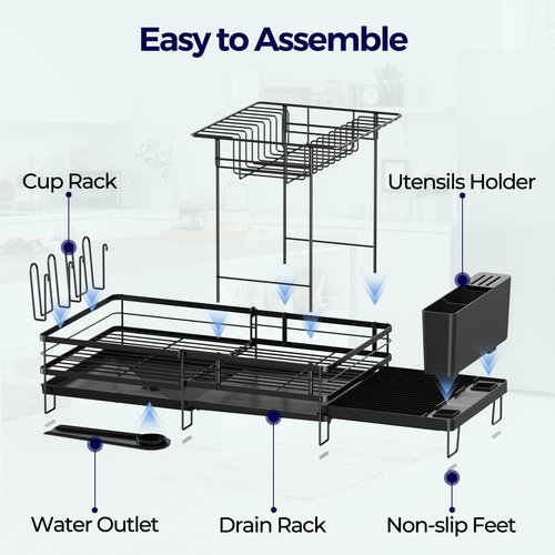 Pantasia 2 Tier Large Dish Drying Rack, Expandable Dish Rack for Kitchen Counter, Dish Drainer with Drainboard Set, Multifunctional Dishrack with Utensil Holder & Cup Holder, 13.4"-28.7" L x 11.8" W
