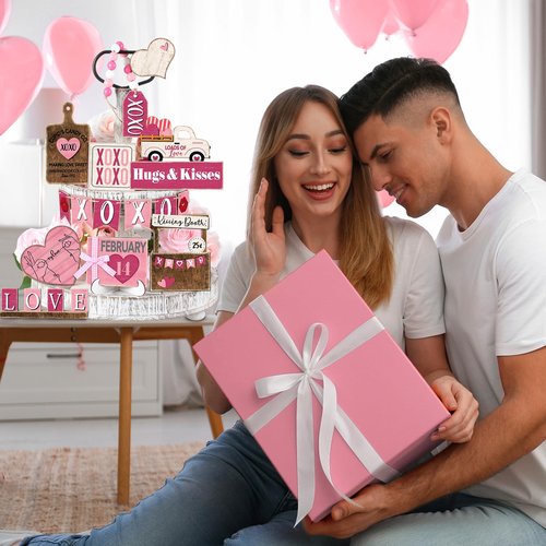 Marsui 19 Pcs Cute Retro Valentine's Day Tiered Tray Decor Set, Cartoon Pink Heart Wood Signs with Retro Be Mine My Love, Valentines Table Decor for Home Kitchen Living Room