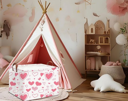 HKEC Rectangle Pink Gift Basket Empty with for Kids,Pink Valentine Bakset,Cute Organizer Toy Bin,Gift Basket for Girls/Kids(Pink & White Heart)