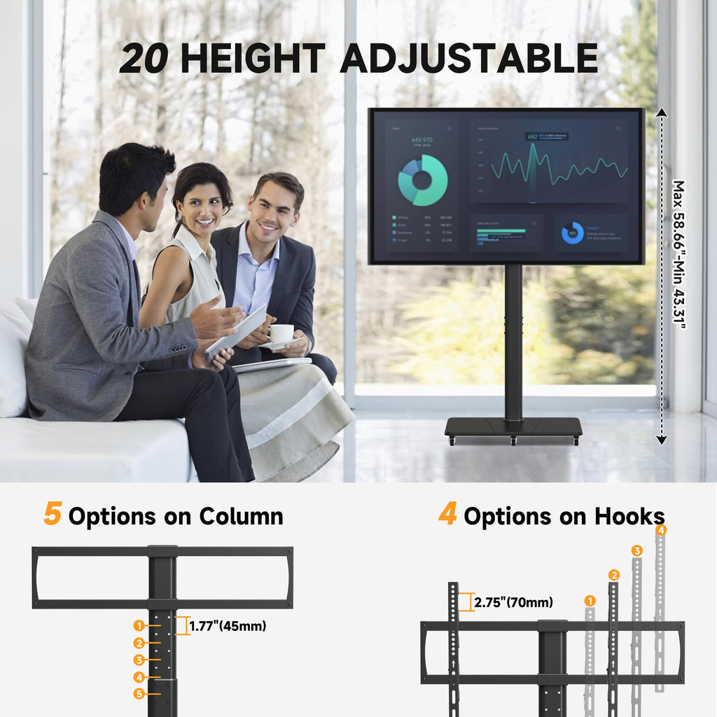 XINLEI Tall Floor TV Stand for 32-75" TV Portable Rolling TV Cart with Wheels Height Adjustable with Wood Base, Holds up to 88 lbs, Max VESA 600x400mm TS005HB