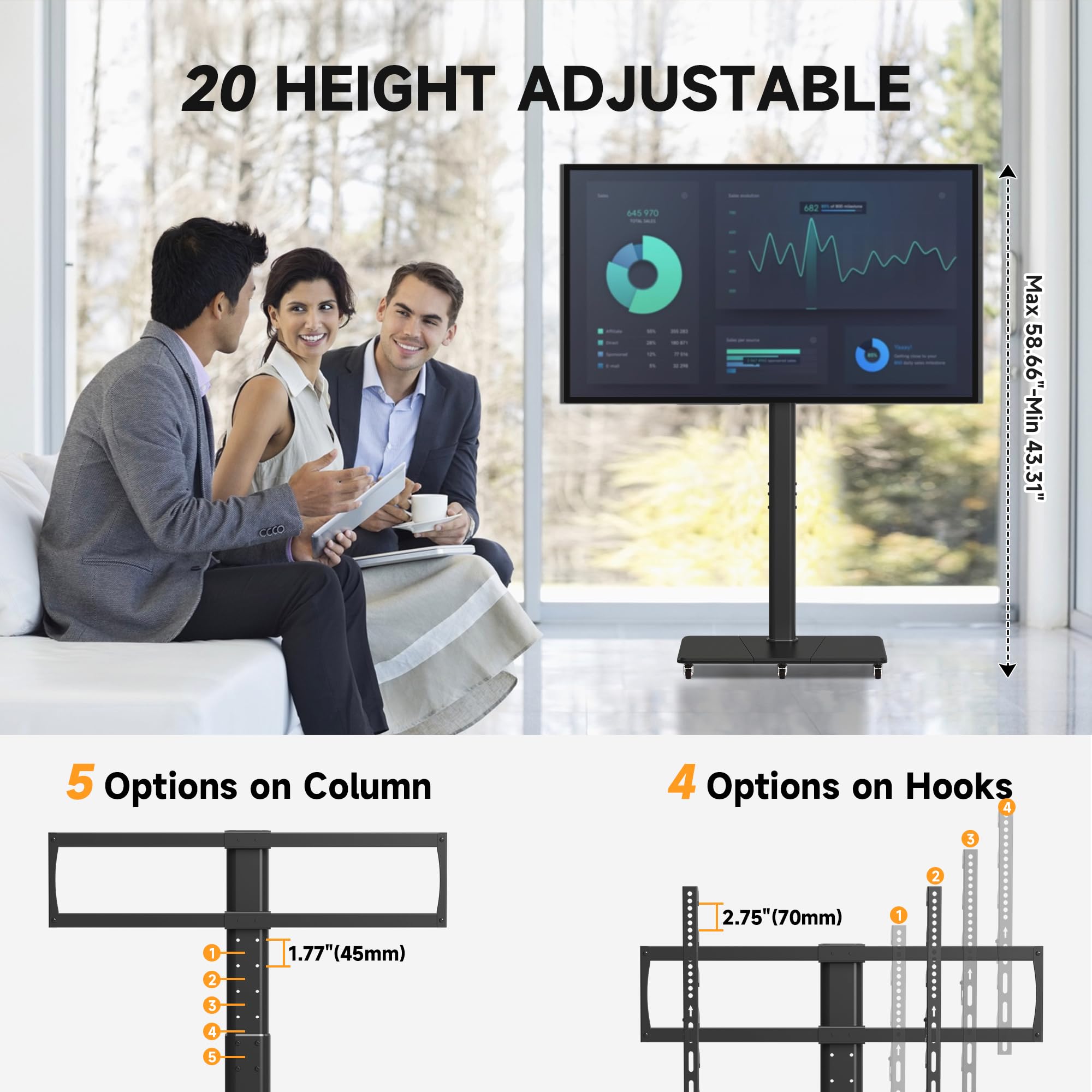 XINLEI Tall Floor TV Stand for 32-75" TV Portable Rolling TV Cart with Wheels Height Adjustable with Wood Base, Holds up to 88 lbs, Max VESA 600x400mm TS005HB
