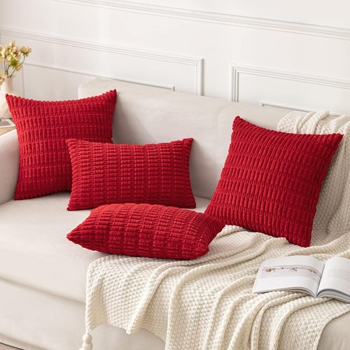 MIULEE Euro Sham Pillow Covers - Pack of 2 Red Corduroy, Soft Boho Striped 24x24 Inch Decor for Sofa & Bed