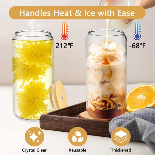 BGraceyy 20 oz 20-Pack Glass Cups with Lids and Straws + DIY Stickers, Reusable Beer Can Drinking Glasses with Bamboo Lids and Metal Straws, Aesthetic Glass Coffee Cups with Lids for Iced ＆ Hot Drinks
