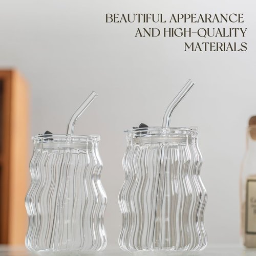Ribbed Glass Cups with Lids and Straws – Unique Glasses for Iced Coffee, 18oz Vintage Design, Ideal Wavy Coffee Cups with Straws, Bubble Glass Aesthetic, Clear Ribbed Glasses