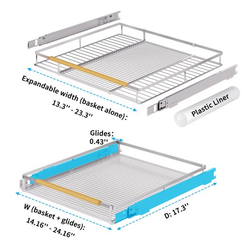 KIKIBRO Expandable Pull Out Drawer Cabinet Organizer, Adjustable Width Bottom-Mounted Slide Out Storage Shelves for Cabinets, Required Cabinet Size (14.16"~24.36", D≥17.3"), 2 Pack