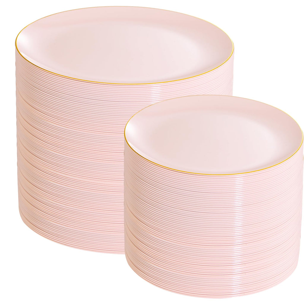 PULOTE 200Pieces Pink Plastic Plates - Premium Hard Pink and Gold Disposable - Include 100PCS 10 inch Dinner & 100PCS 7 inch Dessert Plates, Ideal for Wedding, Party & Mother's Day