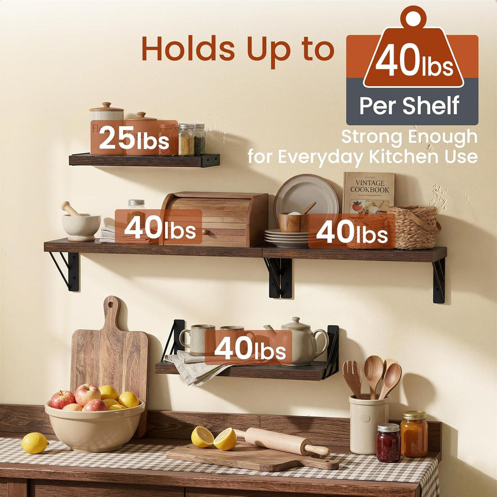 BAYKA Floating Wall Shelves - Rustic Wood Bathroom & Living Room Storage | Set of 4, Rustic Brown