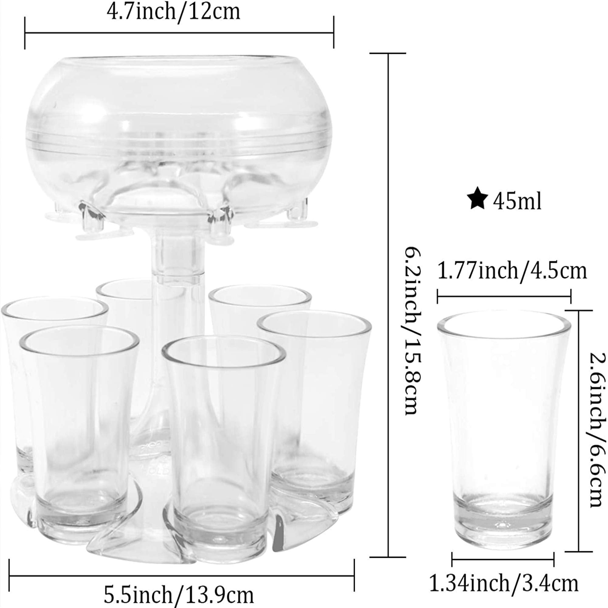 ALEVMOOM 6 Shot Glass Dispenser and Holder, Multiple 6 Shots Dispenser for Bar Filling Liquids, Carrier Cocktail Liquor Shots Drink Tool with Brush