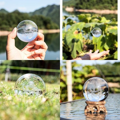 HDCRYSTALGIFTS 3D Inner Carved Dragon Crystal Ball - 60mm Glass Paperweight with Wooden Base