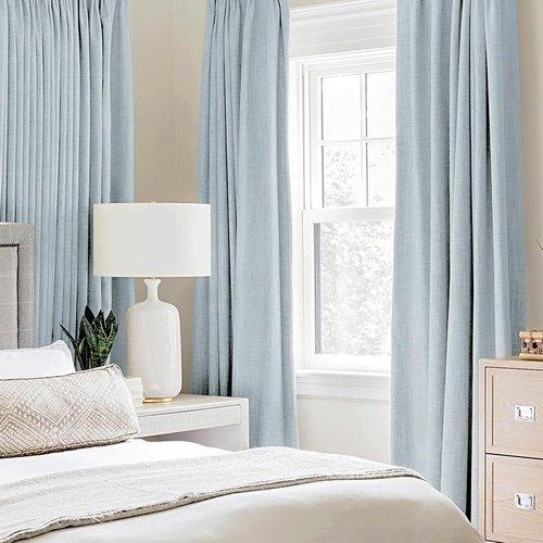 MIULEE 100% Blackout Linen Textured Curtains - Thermal Insulated Chambray Blue | 52 x 108 Inch (2 Panels) for Luxury Bedroom Decor
