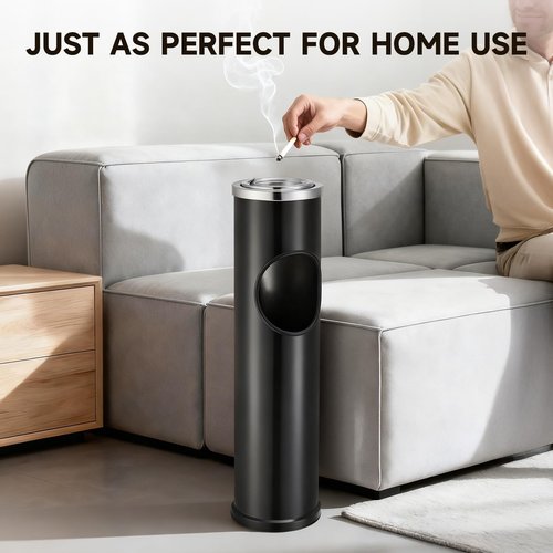 CO-Z 2pc Standing Ash Tray Set with Trash Can, Indoor Outdoor Ashtray with Removable Tray 1.2 gal Garbage Can, Smokeless Waste Disposal for Cigarette Butt & Trash, Covered Ash Holder for Patio, Black