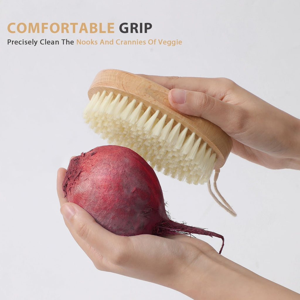 Wooden Vegetable Brush Scrubber for Food, Cute Potato Brush Scrubber with Hanging Rope, Natural-Wood Kitchen Veggie Scrubber Cleaning Potatoes, Carrots, Mushroom, Fruits (2)
