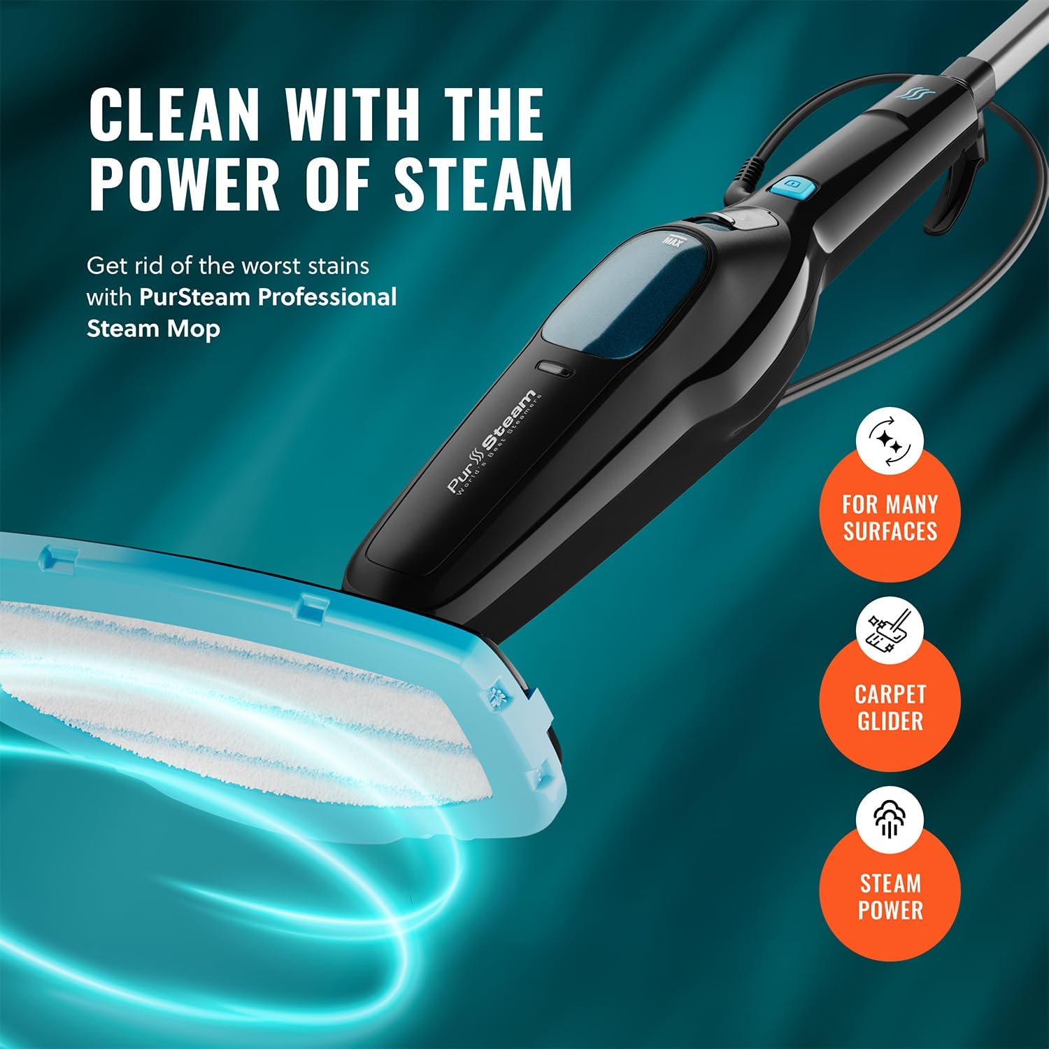 PurSteam Professional Steam Mop - Multi-Surface Floor Cleaner for Hardwood, Tile & Carpet | Fast Heating & Lightweight