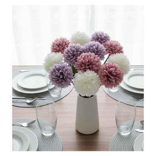 RUMEAVAO 15pcs Artificial Silk Mums Chrysanthemum Flowers with Faux Eucalyptus Stems, Fake Purple White Fuchsia Pompon Mums for Home Wedding Party Decor (12 Chrysanthemum & 3 Eucalyptus)