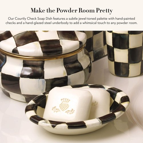 MACKENZIE-CHILDS Enamel Soap Dish, Decorative Soap Holder for Bathroom or Kitchen, Black-and-White Courtly Check