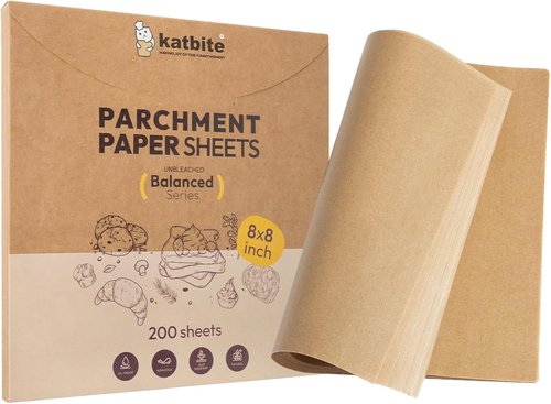 Katbite Parchment Paper - 200 Pcs Unbleached Non-Stick Baking Sheets, 8 x 8 Inch, Oil Resistant & Easy Clean