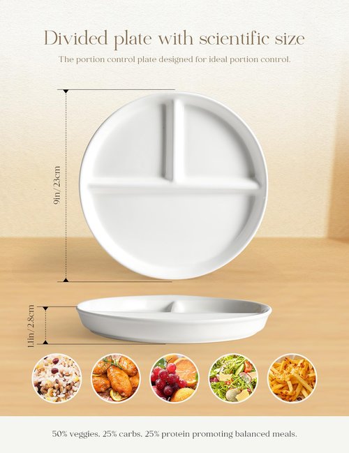 AISBUGUR Ceramic Portion Control Plate for Weight Loss,9-Inch Divided Plate for Adults,3-Compartment Portion Plate for Healthy Eating,Dishwasher & Microwave Safe,White