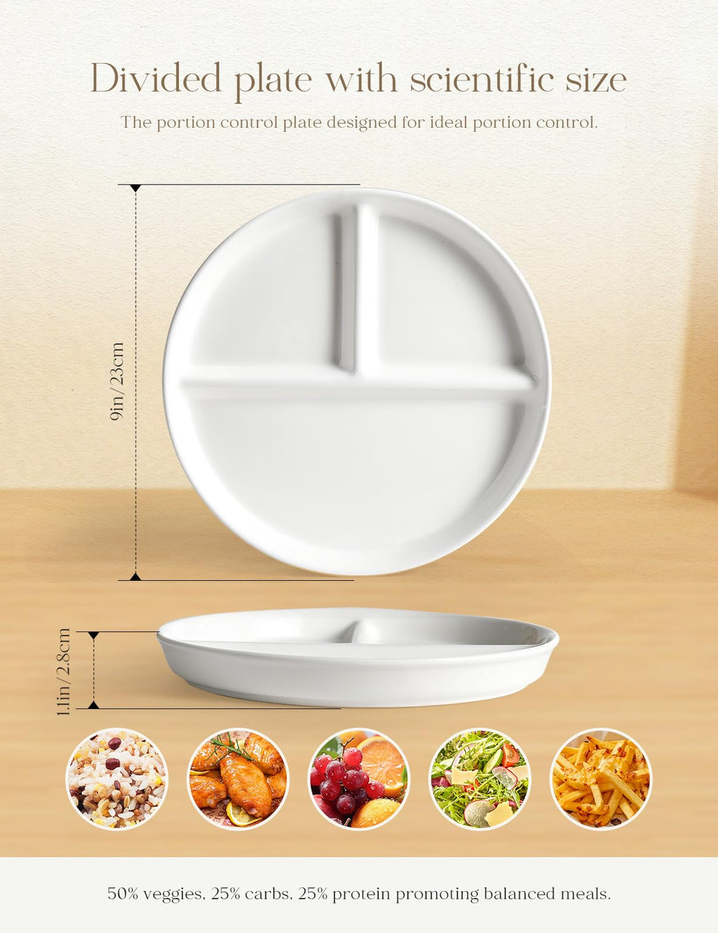 Ceramic Portion Control Plate 9Inch for Weight Loss for Adults 1 Pack White