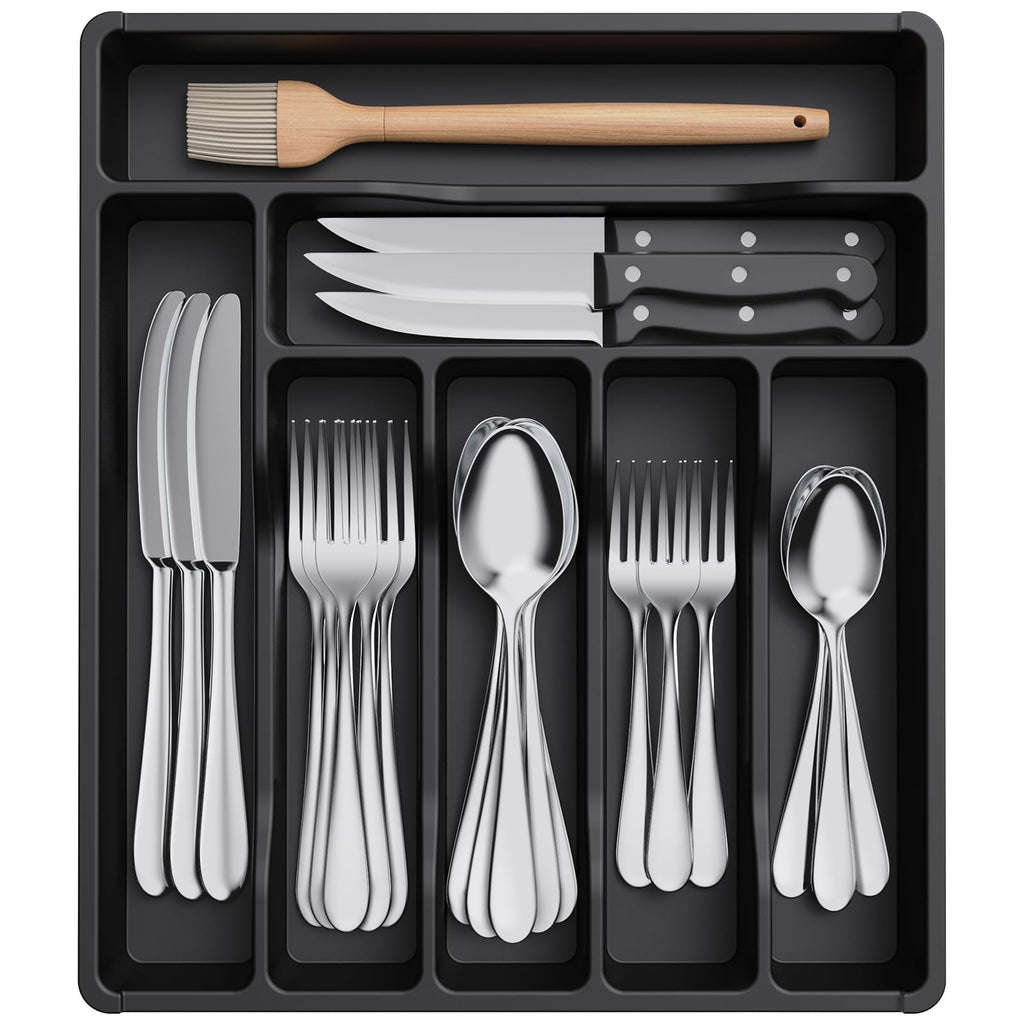 Lifewit Silverware Drawer Organizer Tray, Plastic Cutlery Storage for Kitchen, Flatware and Utensil Holder Divider for Spoons Forks Knives Tableware, 12.3 x 14.2", 7 Slots, Gray