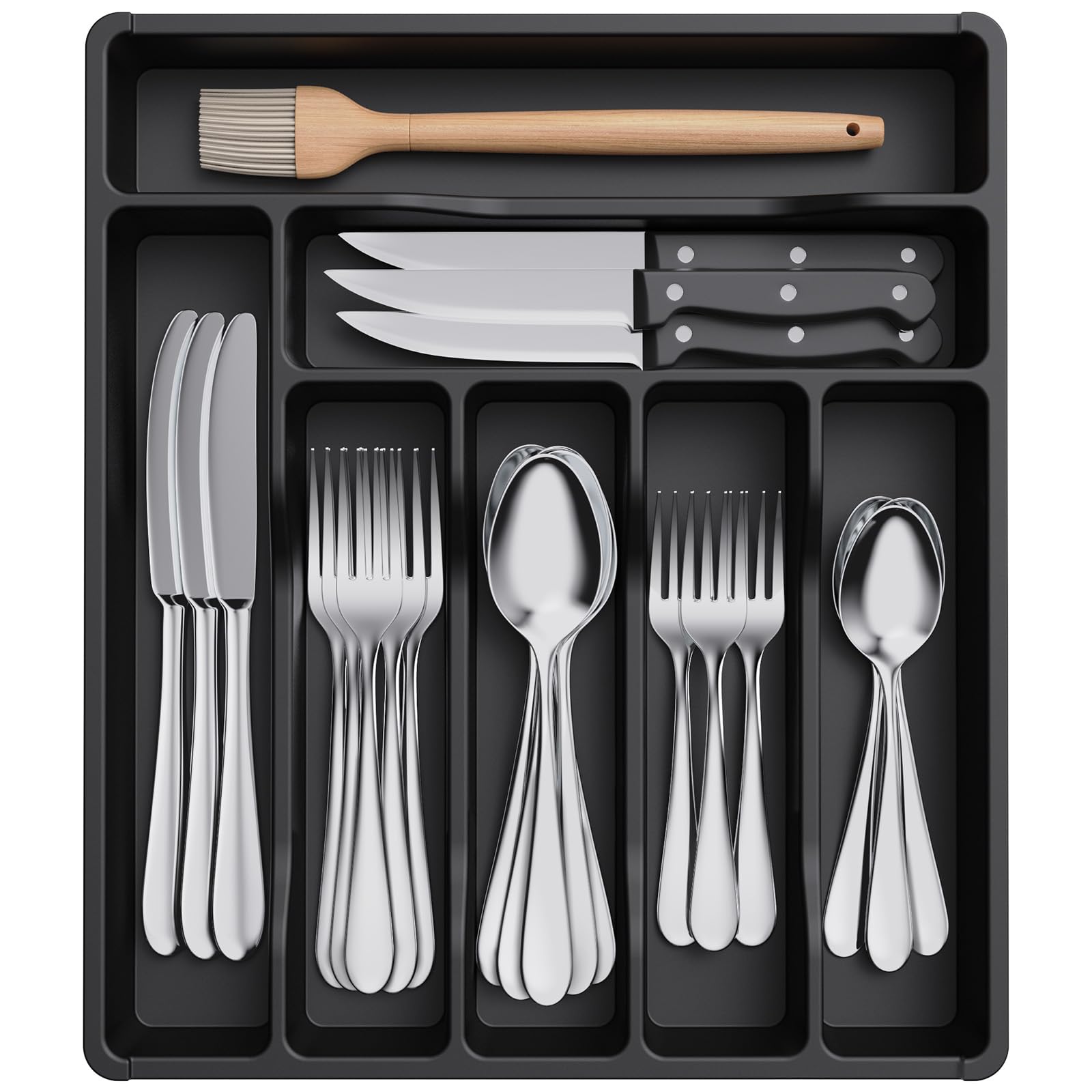 Lifewit Silverware Drawer Organizer Tray, Plastic Cutlery Storage for Kitchen, Flatware and Utensil Holder Divider for Spoons Forks Knives Tableware, 12.3 x 14.2", 7 Slots, Gray