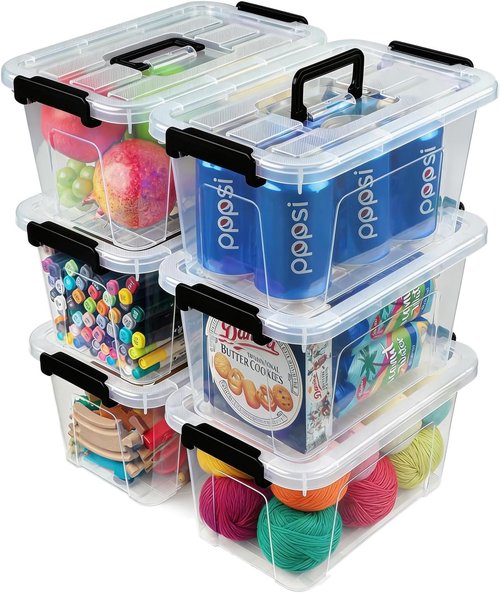 EOENVIVS Plastic Storage Bins - 6 Pack Stackable Organizer with Lids & Handles | 7 Quart Clear Boxes for Home & Office