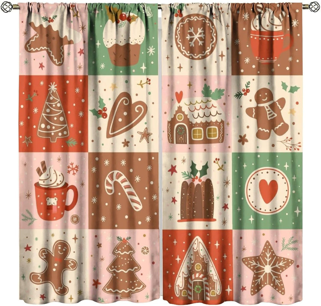 Regine Switzerland Christmas Patchwork Curtains - Hand-Drawn Gingerbread House Design | Winter Holiday Drapes (W20xL45 Inch) - Set of 2