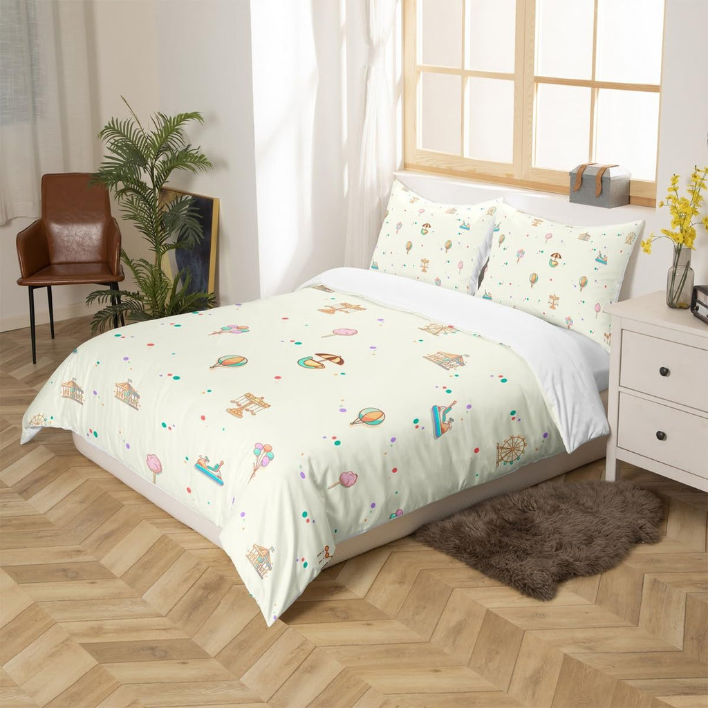 Kid Amusement Park Duvet Cover Twin Size,Hot Air Balloon and Carousel Bedding Set with 1 Pillowcase,Child Theme Comforter Cover for Teens Boys Girls Room Decor,Soft Quilt Cover