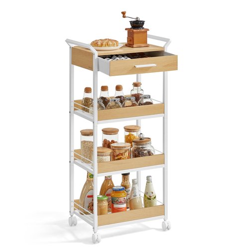 VASAGLE Storage Cart, 4-Tier Rolling Utility Cart with Table Top, Handles, 4 Lockable Casters, Top Drawer, Mesh Shelves, for Kitchen, Bathroom, Bedroom, Golden Oak and Cloud White ULRC049N01