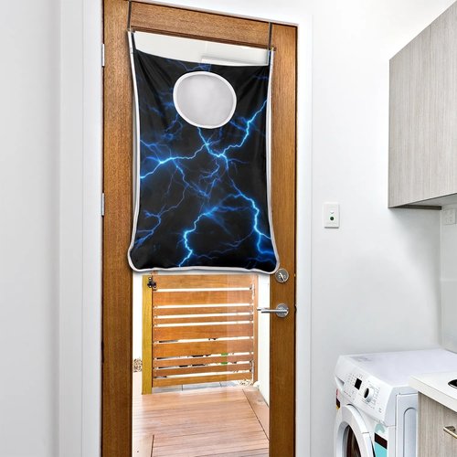 Blue Lightning Bolt Hanging Laundry Hamper Bag Foldable Wall Laundry Basket Hanging Clothes Bathroom Storage Organization Door Hamper with Stainless Steel Hooks