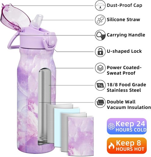 BJPKPK Insulated Water Bottle - 25oz Stainless Steel Flask with Straw, Leak-Proof Lid & Carry Handle | Dawn