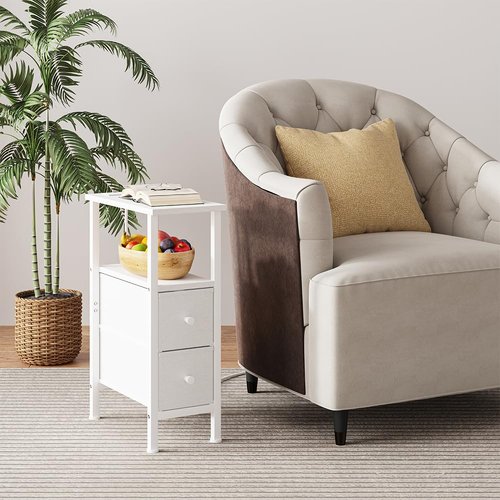 VIMBER 2 Set Narrow Side Table for Small Spaces, Skinny End Table with Charging Station, Sofa Beside Table with 2 Drawers 1 Open Compartment, Slim Nightstand with USB Ports Outlet, White UTBT005W2V2
