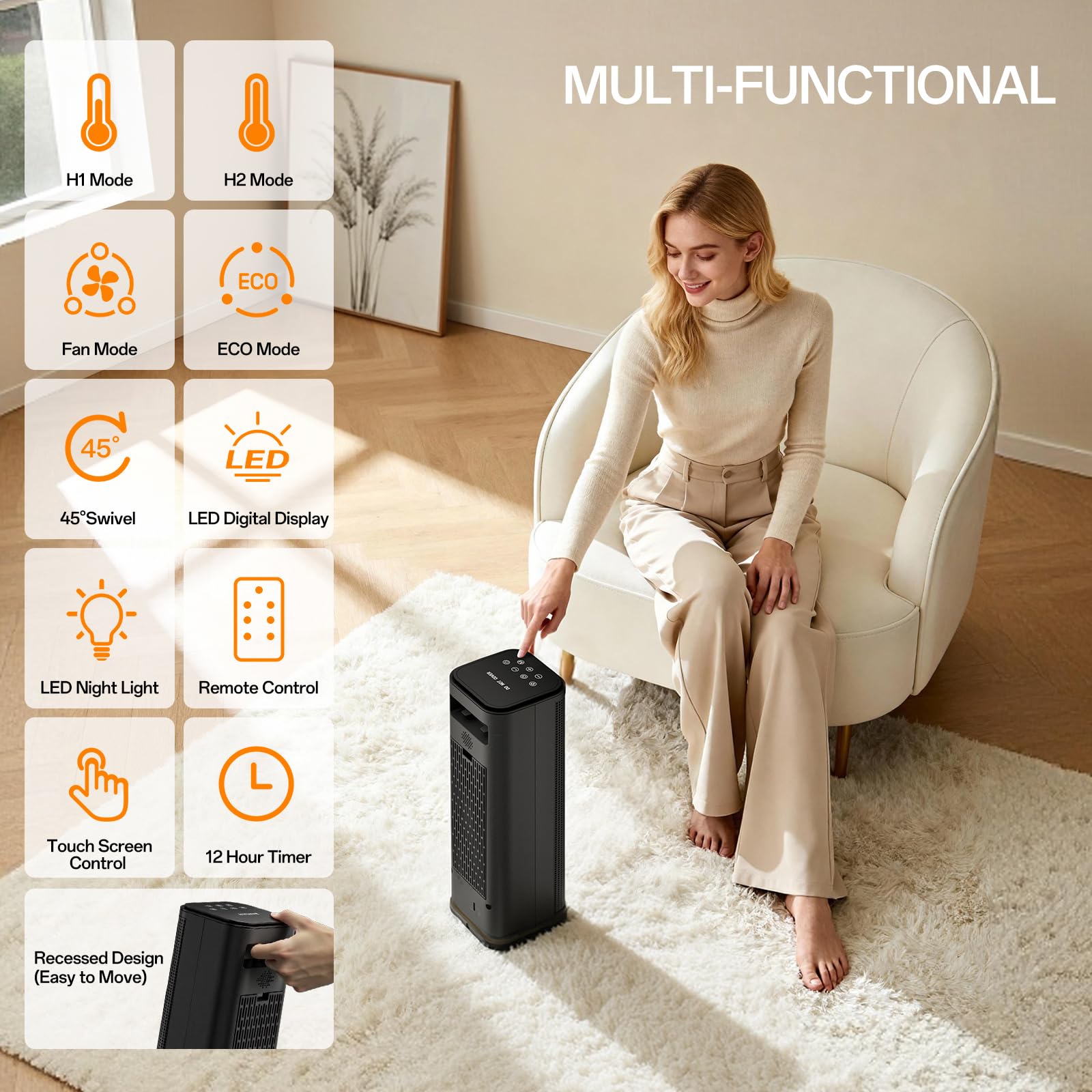 Space Heater, Portable Electric Heaters for Indoor Use with Adjustable Thermostat and Remote, 45° Oscillation, 1-12h Timer, 4 Modes, 1500W PTC Ceramic,Black