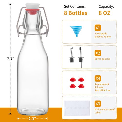 keigocare 8 Set, 8 OZ Swing Top Glass Bottles - Vanilla Extract Bottles Flip Top Beer Brewing Bottles with Stopper for Syrup Bottle,Kombucha,Mead Kefir,Extract,Juice,Tea,Wine - Airtight Cap Lids