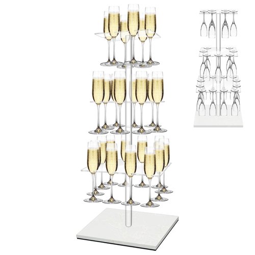 VERSSURE Champagne Tower with Marble Base, 26 Slots Champagne Display Rack for Serving and Drying, 3-Tier Cocktail Tree Stand for Drinks, Square Champagne Stand Holder for Wedding and Party (White)