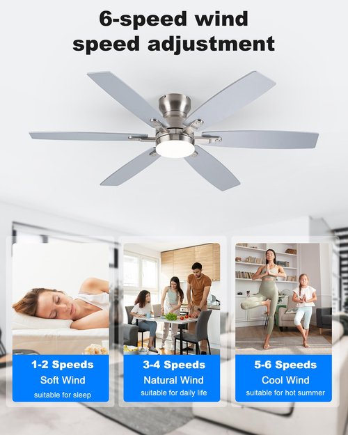 Coolwind 52 Inch Silver Low Profile Ceiling Fan with Light, 6 Speeds 3 Color Temperatures Led Outdoor Ceiling Fans for Bedroom