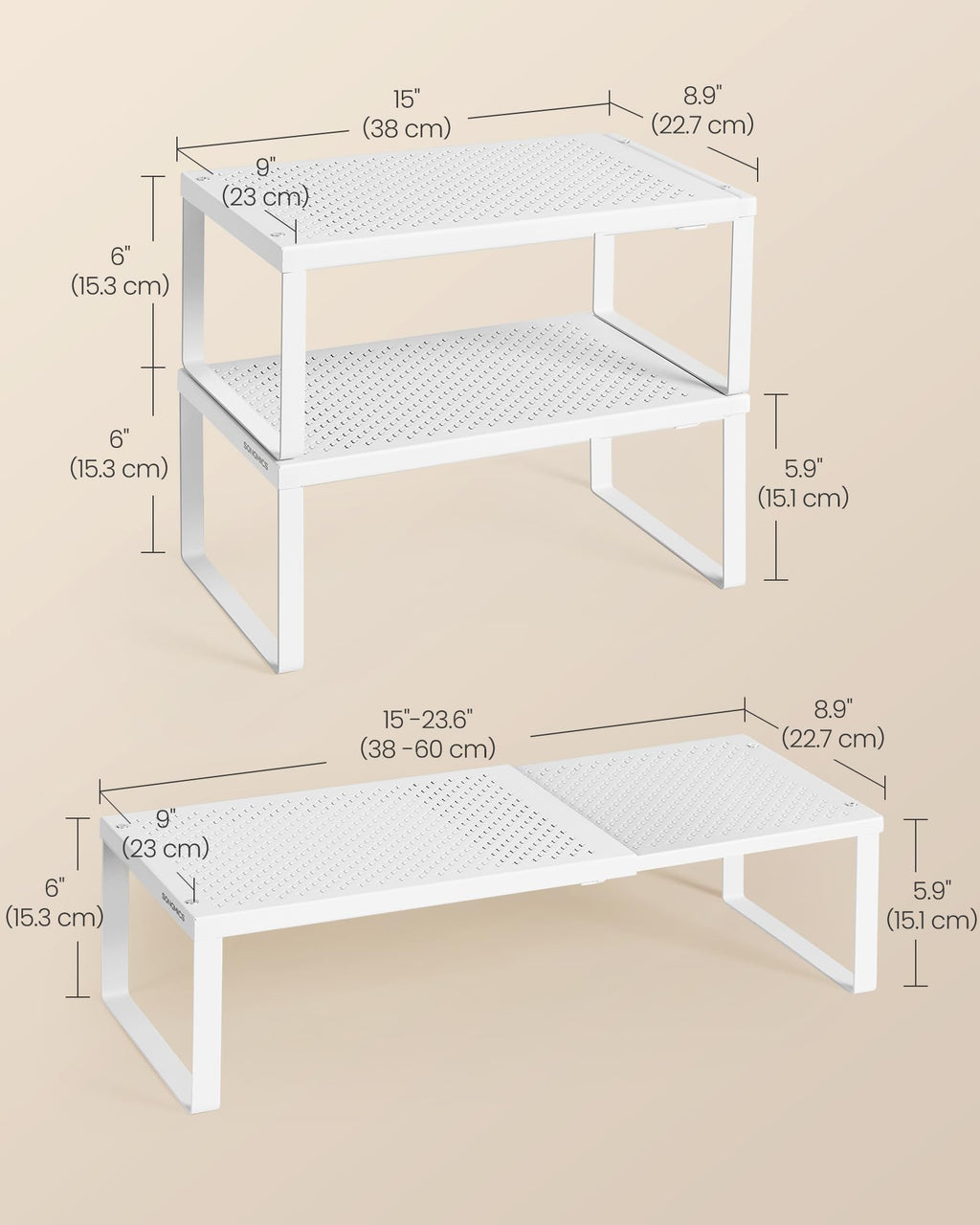 SONGMICS Spice Racks, Set of 3 Expandable Kitchen Countertop Shelves, Small Cupboard Organizers, Metal, Space-Saving Tabletop Shelves, Matte White UKCS403WC01