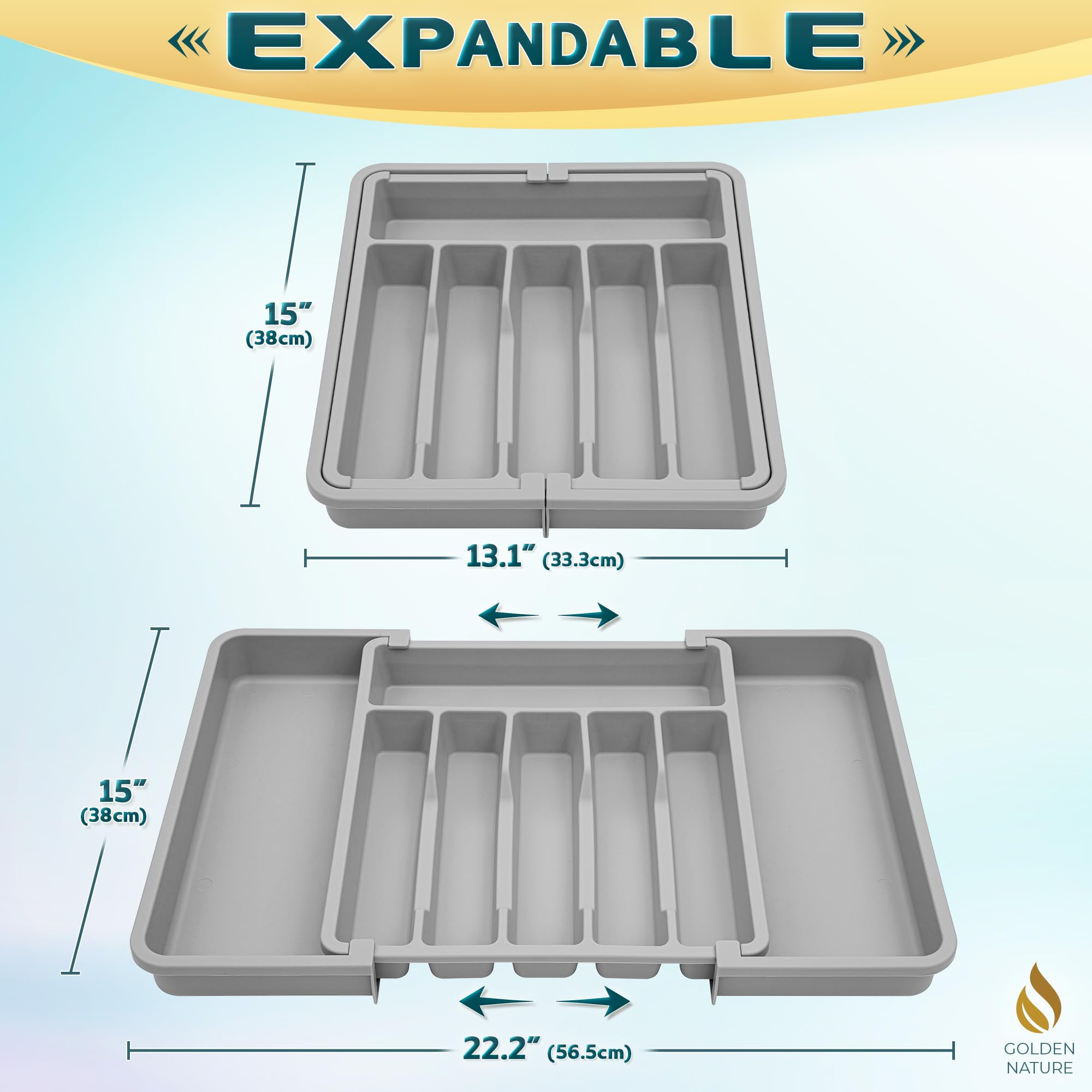 Golden Nature Kitchen Drawer Organizer for Silverware, Utensils, Cutlery (15x13.1 inch Expands to 15x22.2 inch, Gray), Expandable Flatware Holder for Drawers