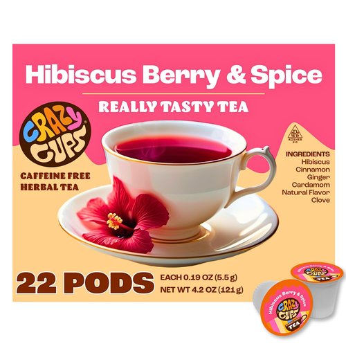 Crazy Cups Hibiscus Berry & Spice Herbal Tea Pods, 22 Count, Kosher Certified, Fruity & Spiced Blend with Cinnamon, Ginger & Clove | K Cup Compatible, Hot or Iced Herbal Tea