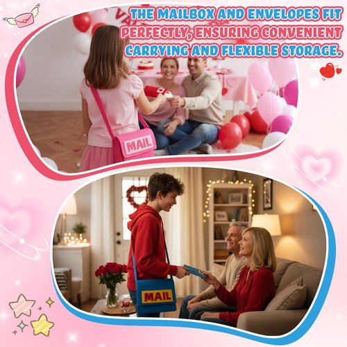 Libima Felt Mailbox with Envelopes Kids Valentine Mailbox Toy Mail Bag Gift Box Letter Greeting Cards Carrier 10 x 8 Inches for Boys Girls for Preschool Classroom Pretend Postman Mailman(Pink)