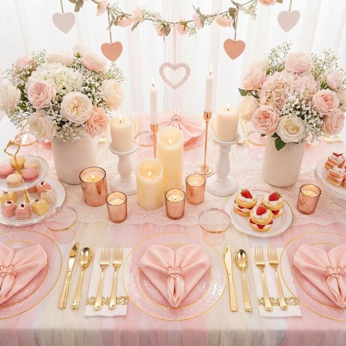 DaYammi 350 Pcs Clear Pink Plastic Plates, Hammered Disposable Dinnerware, Pink Plates Set Include 100 Plastic Platos, 150 Gold Disposable Silverware, 50 Cups And 50 Napkins for Mother's Day Party