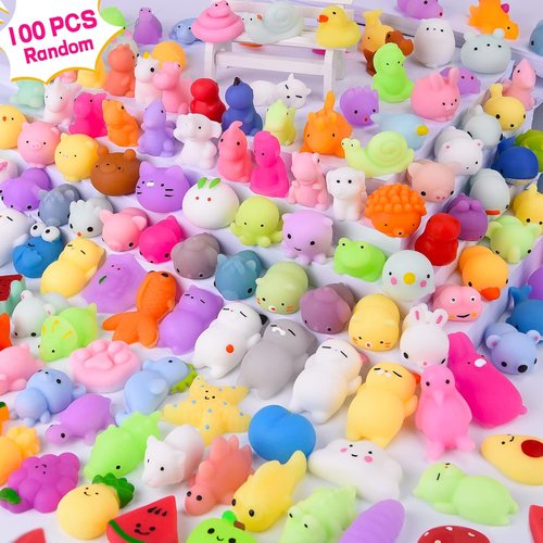 LEEHUR Kawaii Squishies - 100PCS Mini Stress Relief Fidget Toys for Kids' Party Favors | Includes Storage Bag